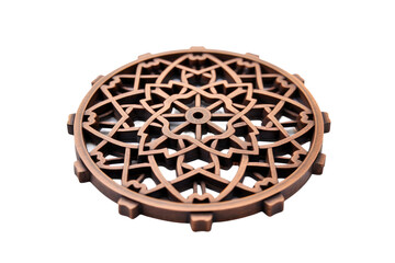 Intricate Circular Design on Wooden Object. A close-up view of a wooden object featuring a meticulously carved circular design, showcasing intricate patterns and details in the craftsmanship.