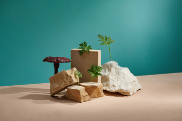 Abstract podium for organic cosmetic products. Natural style.