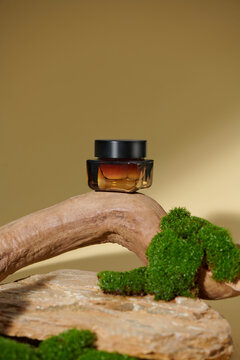 Mock up cosmetics product on stone display podium on old log, moss, 