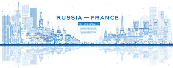 Outline Russia and France skyline with blue buildings and reflections. Famous landmarks. France and Russia concept. Diplomatic relations between countries.