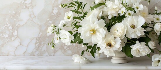 A bouquet of white flowers elegantly arranged in a clear vase, placed on a sleek marble table, creating a timeless and sophisticated decor.