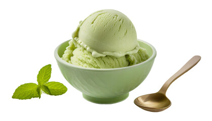 Green ice cream in a bowl with spoon. Isolated on transparent background