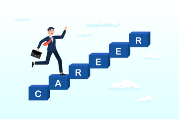 Smart confident businessman running fast on career stairway rising up to achieve success, career development, personal development or job promotion, work experience and responsibility growth (Vector)