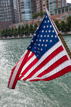 American flag on the Chicago river