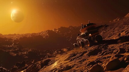 A space probe collecting samples from the surface of a rocky exoplanet