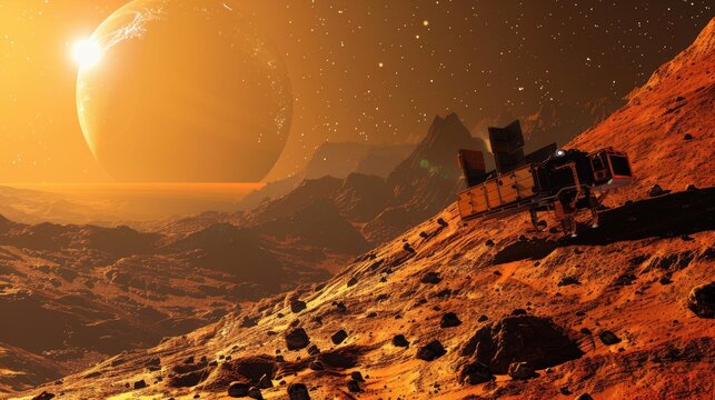 A space probe collecting samples from the surface of a rocky exoplanet