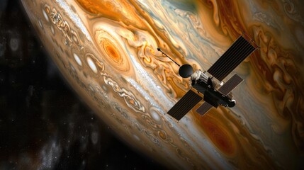 A spacecraft orbiting a gas giant, capturing detailed images of its turbulent atmosphere