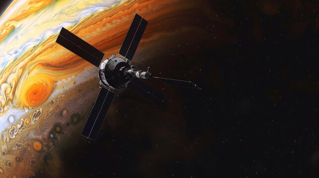A spacecraft orbiting a gas giant, capturing detailed images of its turbulent atmosphere