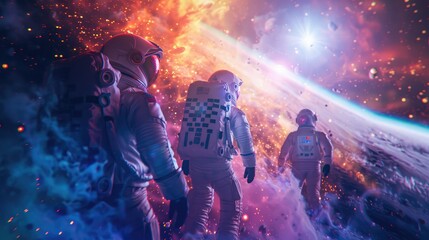 Astronauts aboard a spaceship witnessing a cosmic phenomenon - obrazy, fototapety, plakaty
