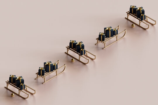 a row of sleighs with christmas presents