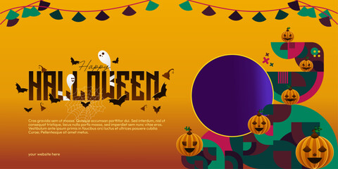 Fototapeta premium Happy Halloween banner in geometric style. Happy Halloween cover with pumpkins, spider webs and typography. Suitable for posters, greeting cards and party invitations for Halloween celebrations
