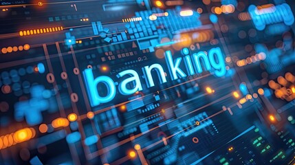 Futuristic digital banking concept with blue neon lights.