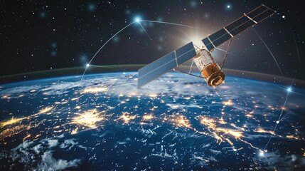 Satellite array in orbit, providing communication services to Earth - obrazy, fototapety, plakaty
