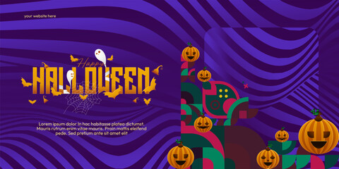 Happy Halloween banner in geometric style. Happy Halloween cover with pumpkins, spider webs and typography. Suitable for posters, greeting cards and party invitations for Halloween celebrations
