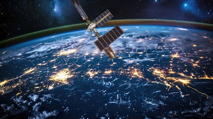 Satellite array in orbit, providing communication services to Earth - obrazy, fototapety, plakaty