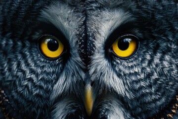 Eyes of a great grey owl or lapland owl (Strix nebulosa) on the black background.