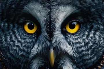 Poster Eyes of a great grey owl or lapland owl (Strix nebulosa) on the black background. © kardaska