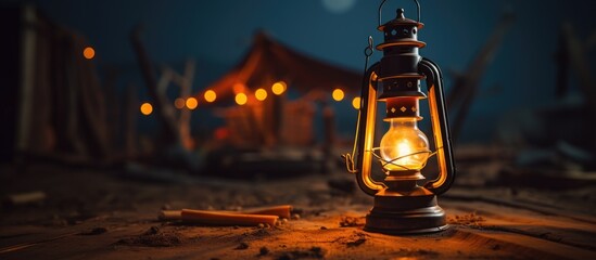 A traditional kerosene lamp, known as pelita, is gently illuminating the dark wooden floor. Soft focus and grain add a warm, nostalgic feel to the image. - obrazy, fototapety, plakaty