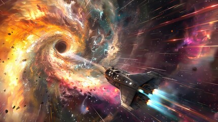 Spaceship entering a colorful wormhole, creating a mesmerizing visual effect
