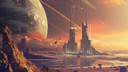 Foto op Canvas View of a futuristic space city on a distant planet with advanced technology © Thanawat_Suesoypan
