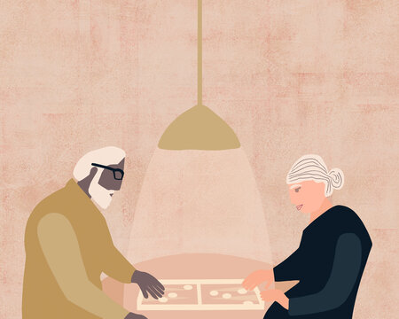 Elderly couple playing a board game.  Illustration 