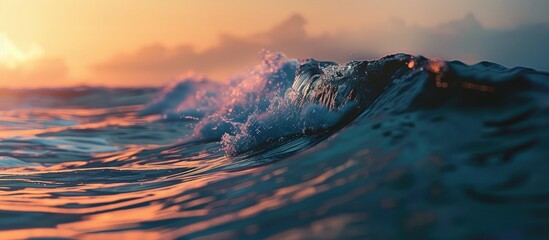 A blue ocean wave swirls and descends gracefully as the sun sets in the background, casting a warm golden light on the water. - obrazy, fototapety, plakaty