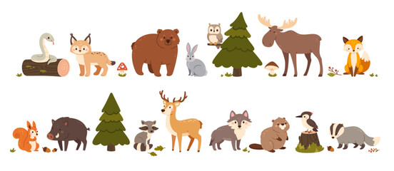 Cute woodland animals. Forest beasts bear, hare and fox, elk and squirrel, wild boar and deer, wolf and snake, badger and raccoon, beaver. Vector set © Foxy Fox