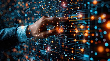 Close-up of a hand touching futuristic circuit board.