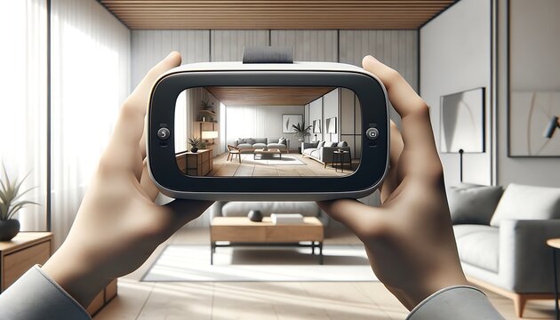 Virtual Reality mockup display living room interior design, VR showing screen mockup