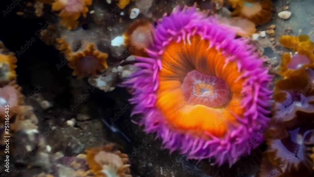 Poster closeup of a vibrant and colorful sea anemone its intricate patterns and details highlighted against