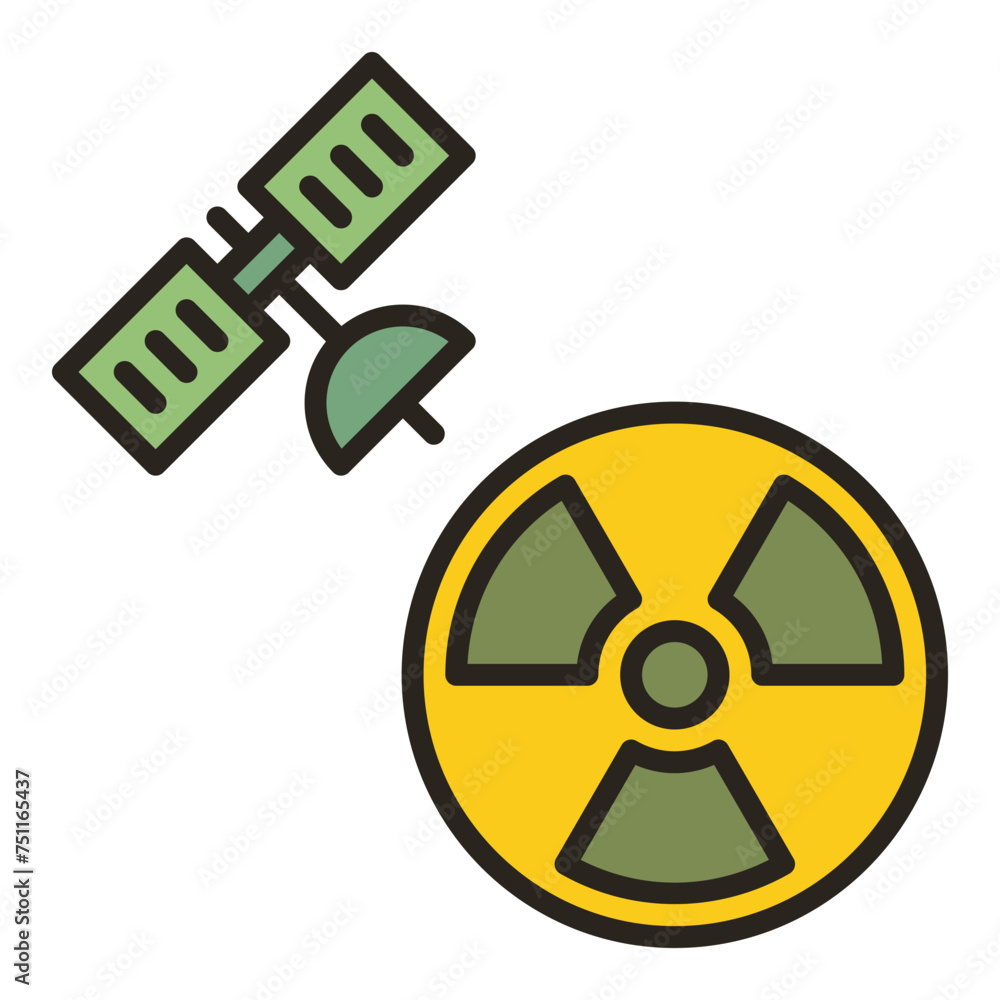 Poster radiation symbol and satellite in space vector colored icon or design element