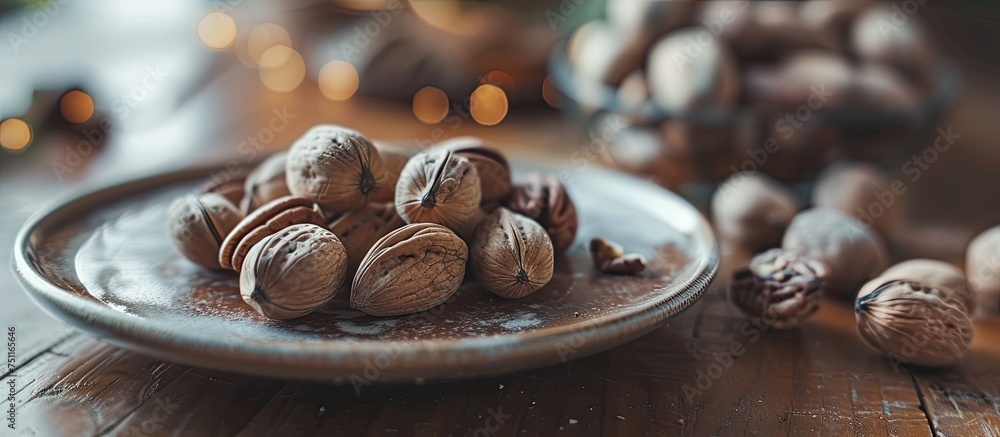 Poster a close-up view of a plate filled with a variety of pecan nuts placed on a rustic wooden table. the 