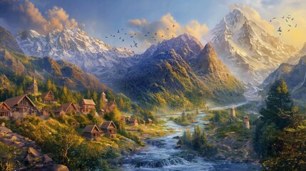 Fototapeta na wymiar An ethereal sight of crystalline streams gracefully navigating through mountainous terrain, intertwining with secluded villages, while colorful birds paint the sky.