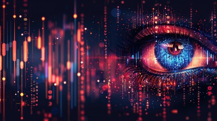 Digitalized human eye with vibrant red data visualization.