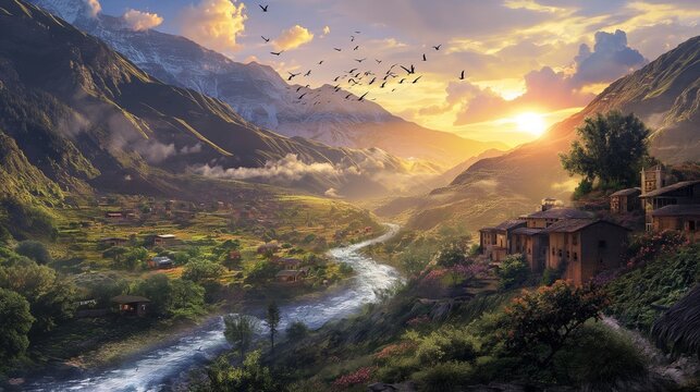 An ethereal sight of crystalline streams gracefully navigating through mountainous terrain, intertwining with secluded villages, while colorful birds paint the sky.