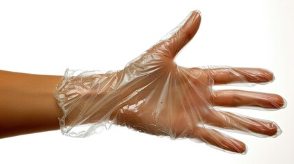 Hand wearing a transparent disposable glove, health safety.