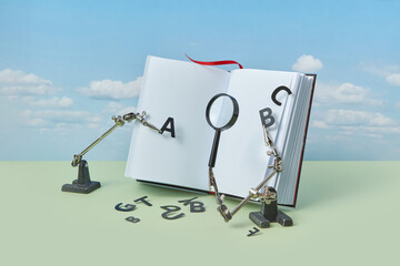 Blank book with magnifying glass and black letters.