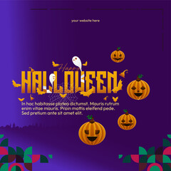 Happy Halloween banner in geometric style. Happy Halloween cover with pumpkins, spider webs and typography. Suitable for posters, greeting cards and party invitations for Halloween celebrations