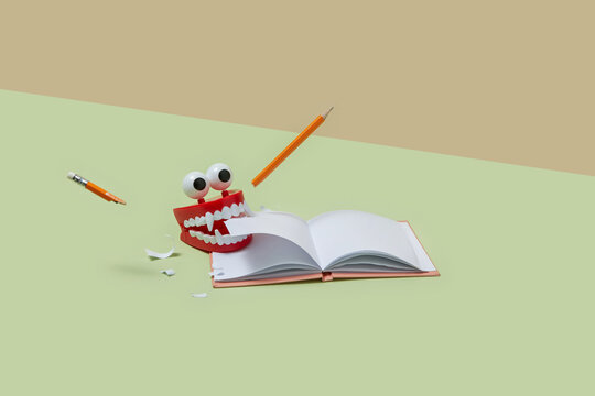 Red plastic jaws biting pencil and blank book.
