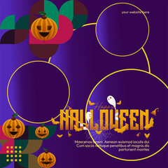 Happy Halloween banner in geometric style. Happy Halloween cover with pumpkins, spider webs and typography. Suitable for posters, greeting cards and party invitations for Halloween celebrations