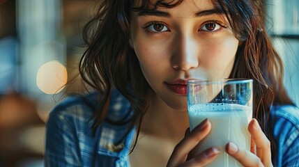 Confident young woman drinking milk with an intense gaze. - obrazy, fototapety, plakaty