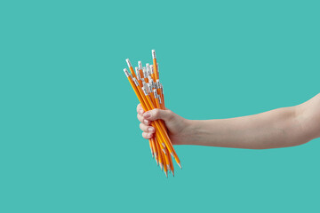 Woman's hand holding bundle of pencils.