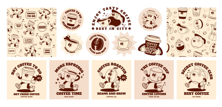 Retro coffee character. Cartoon bar and cafe drinks. Abstract funny espresso sticker, poster with 70s cappuccino cup, trendy seamless pattern with coffee beans. Vector set