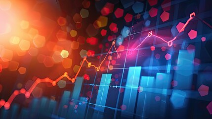 Colorful abstract financial chart with line graph and hexagonal elements in red and blue.