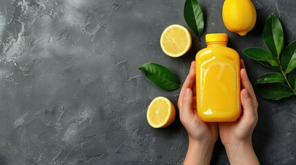 Hands holding a yellow lemonade bottle surrounded by fresh lemons and green leaves on a dark...