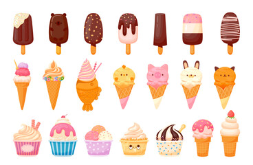 Ice cream. Cartoon different gelato flavors in cones, waffle, cups. Ice dessert with funny animal shape. Sweet vanilla scoop and chocolate popsicle for ice cream shop. Vector set
