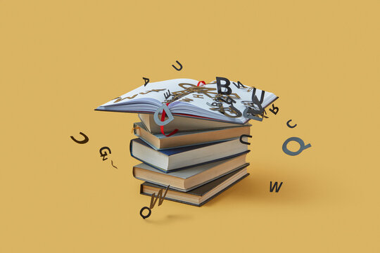 Pile of books with scattered black letters.
