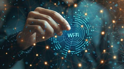 Hand interacting with digital Wi-Fi symbol overlay.