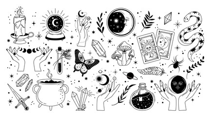 Astrology esoteric symbols. Mystic witch elements, magic doodles, space sticker, galaxy sign. Astrology horoscope symbol. Magic ball, moth, planet, hand vector concept