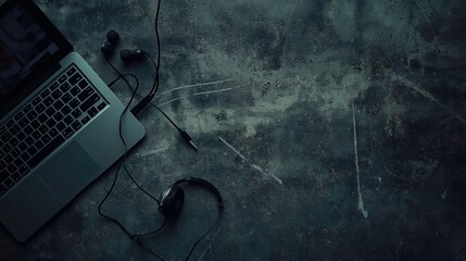 Aesthetic top view of a laptop and earphones on a textured background, emphasizing modernity and style.